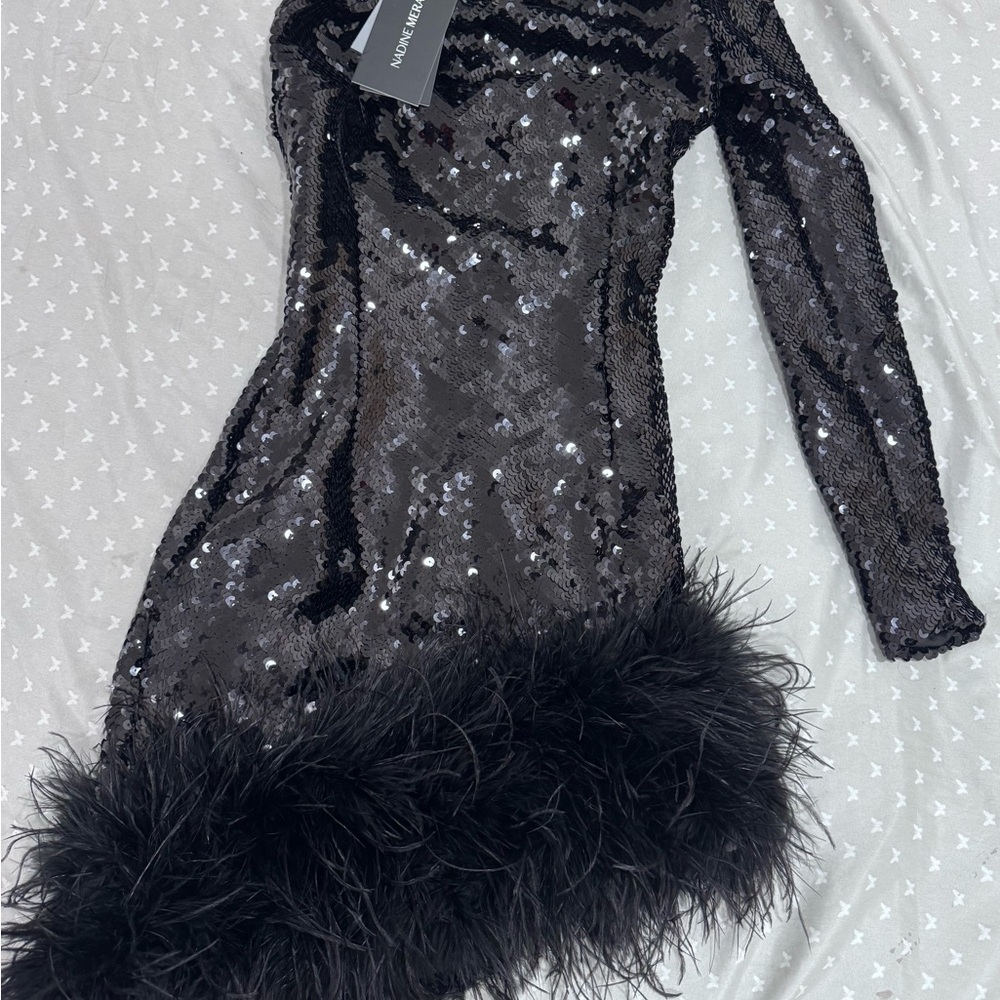 NADINE MERABI One-Shoulder Sequin Feather Mini Dress | Black | NWT